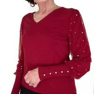 Joseph A. Burgundy V-Neck with Pearl & Soft Tulle Long Sleeves - Medium